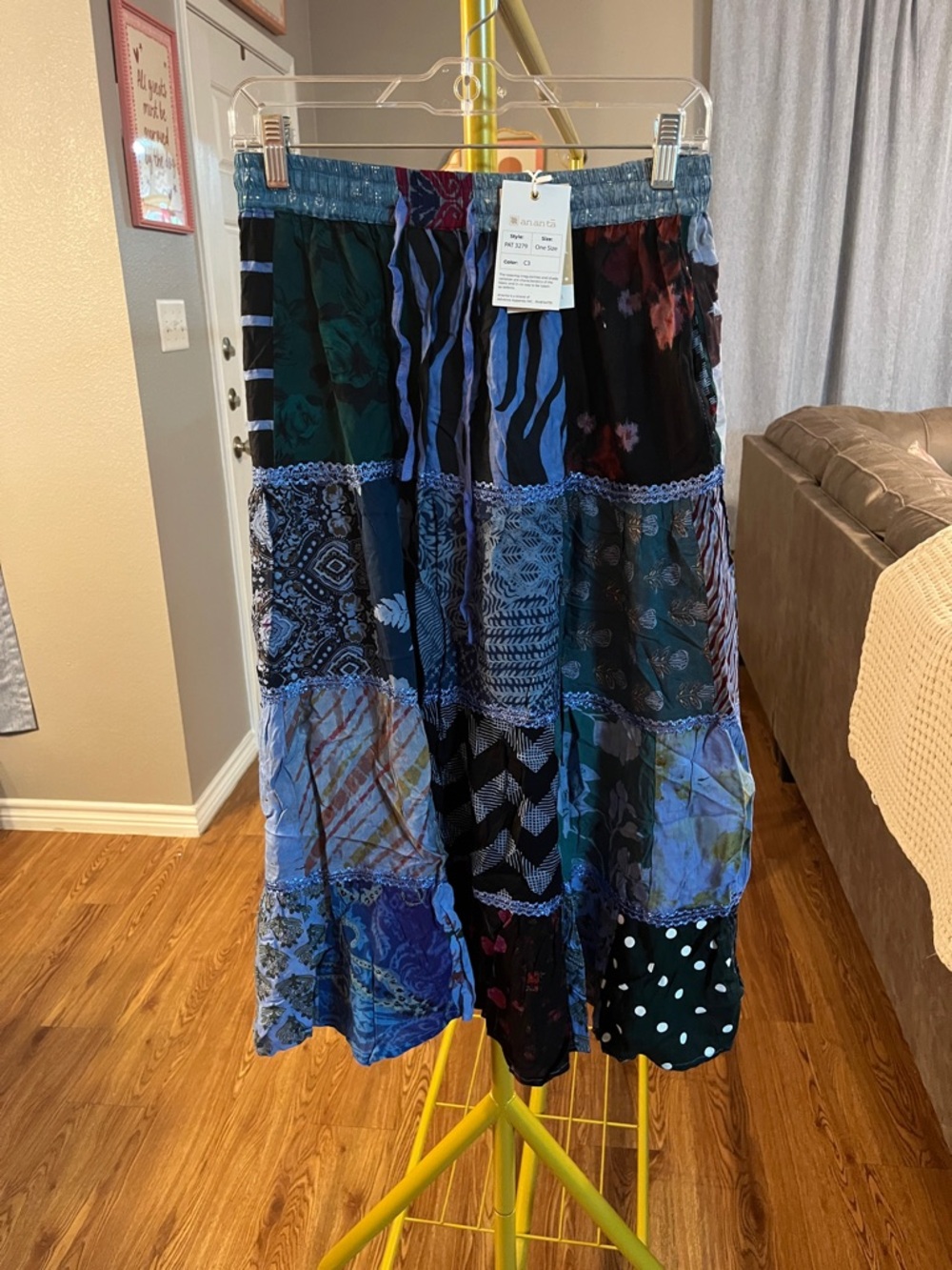 Patchwork Midi Skirt in Blue Multi - Boho Tiered Design
